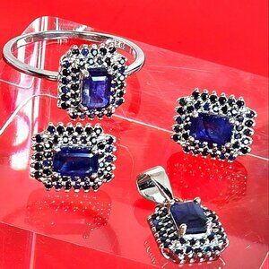 Natural Sapphire set 925 Sterling Silver Earrings Pendant Ring 7.25